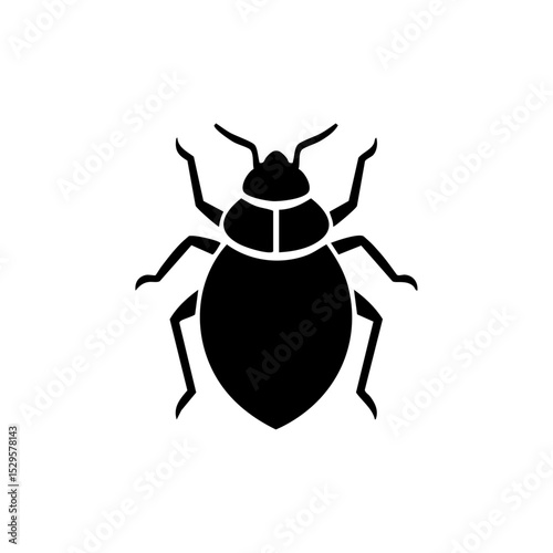 Minimalist black vector illustration of a bed bug with segmented body and legs.

