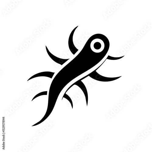 Black vector icon of a bacteria with flagella in stylized silhouette form.

