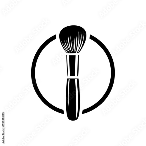 Minimalist black icon of a makeup brush centered in a circle frame.

