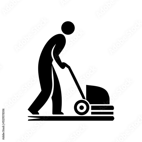 Vector logo of a person operating a floor buffer for cleaning or janitorial services.

