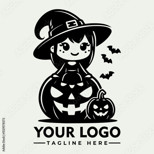 Cartoon little witch in large hat standing beside carved Halloween pumpkin with smiling face in monochrome style. Holiday concept
