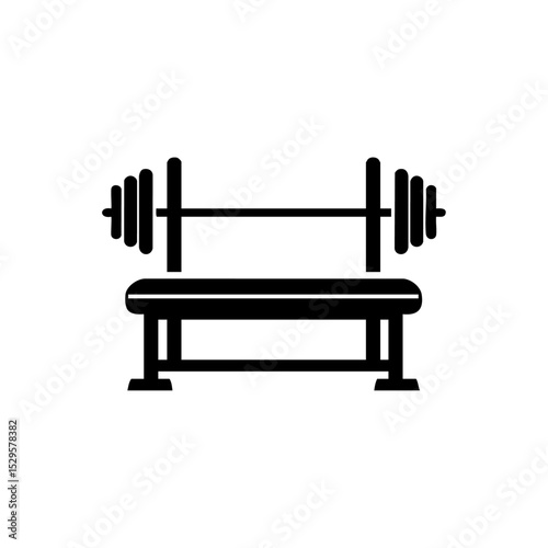 Vector illustration of gym bench with loaded barbell for strength training and weightlifting.


