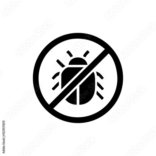 Black vector icon showing bug crossed out in a circle for pest control or hygiene.

