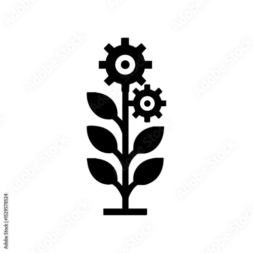 Icon of a plant with gears as flowers combining nature and technology themes. Black vector symbol representing innovation, sustainability, and bioengineering.


