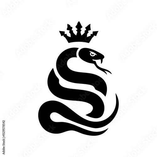 Minimal black vector logo of a crowned snake, symbolizing royalty and danger.

