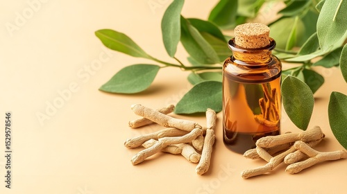 On a pale beige background with white space an aerial shot of fresh ashwagandha oils in a container and leaves having herbal appeal, Generative AI.