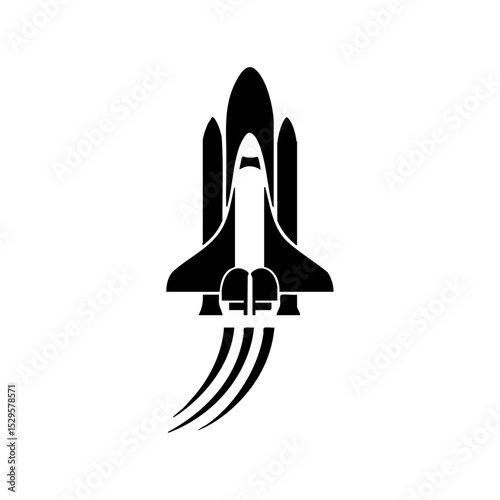Minimalist vector icon of a space shuttle with rocket trail. Modern space exploration logo in clean vector style.



