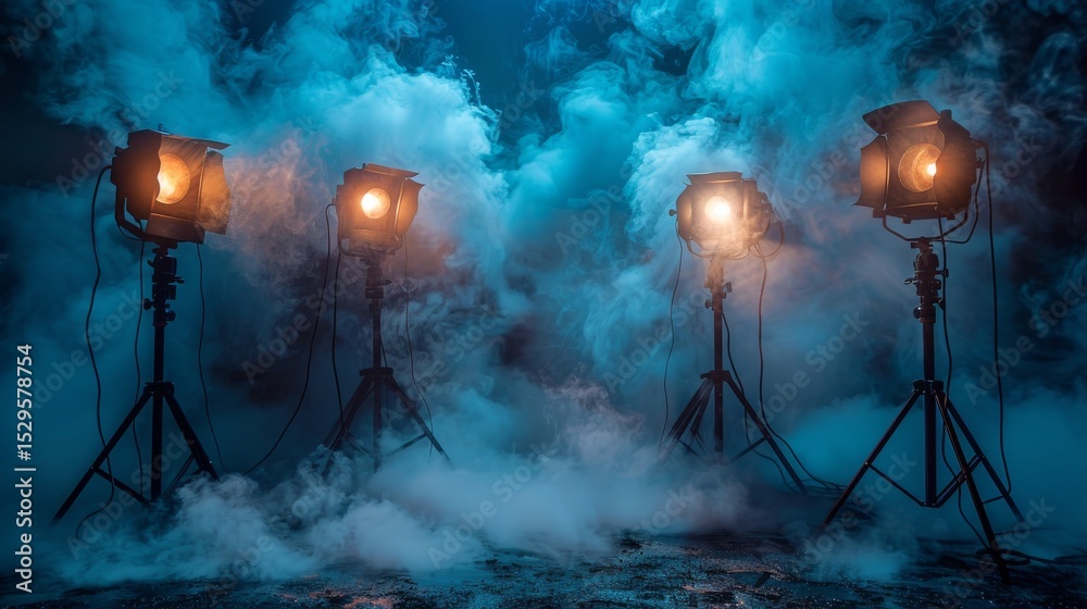 Obraz premium This image showcases powerful studio lights cutting through dense fog, creating an ethereal and dramatic atmosphere perfect for artistic or atmospheric projects.