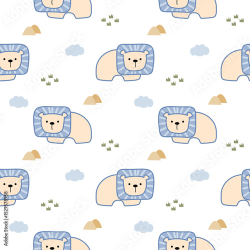 Lion light blue cartoon so cute. On grass mountain cloud white background. Pattern seamless vector illustration. 
