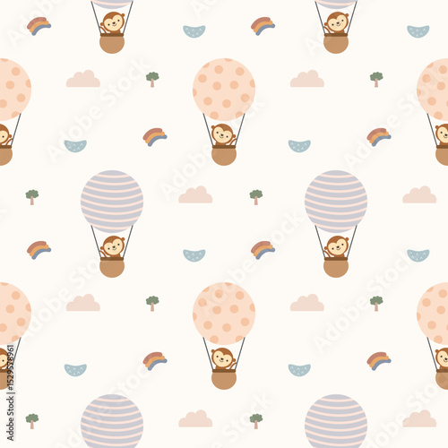 Monkey in hot air balloon cartoon so cute. On cloud rainbow tree swamp background. Pattern seamless vector illustration. 