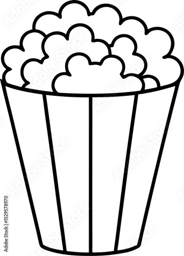 A simple black and white line art illustration depicting a classic bucket of popcorn ready for movie night or snack time