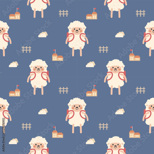 Sheep student and backpack cartoon so cute. On cloud fence school blue background. Pattern seamless vector illustration. 