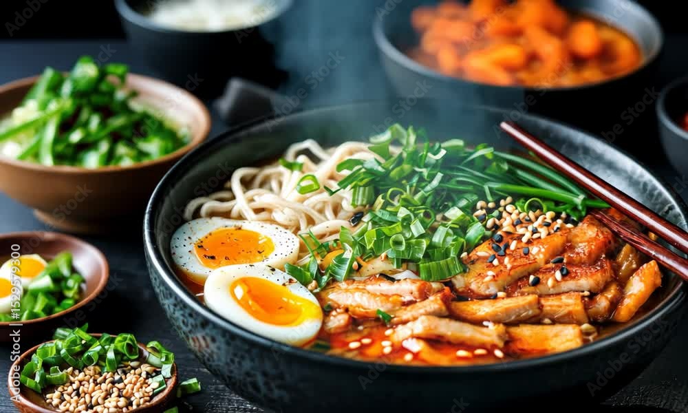 Tasty noodles with chicken, veggies, and soft-boiled eggs in a cozy setting