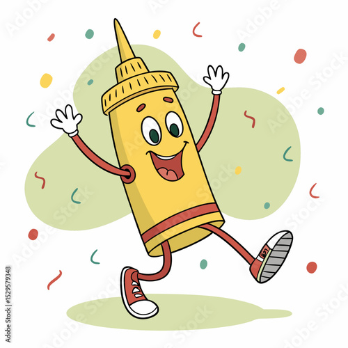 Cheerful cartoon mustard bottle character dancing and smiling with festive confetti against a light green background