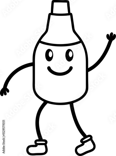 Cheerful cartoon bottle character walking smiling and waving in black outlined vector illustration for educational and playful graphic design