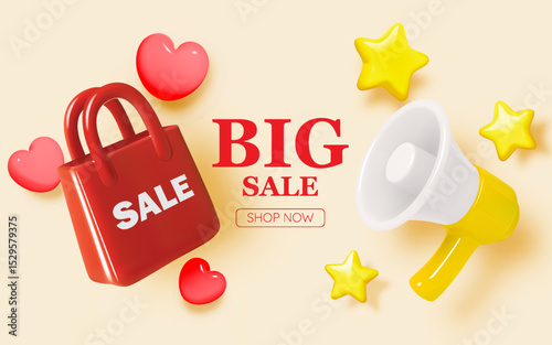 Flash Sale Alert with Megaphone and Shopping Bag in Bold 3D Minimal Style Design