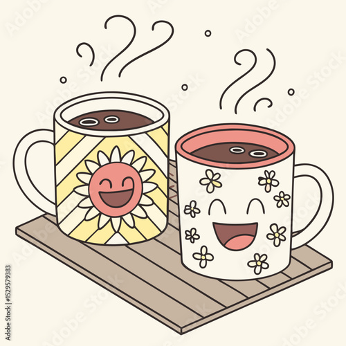 Cheerful coffee mugs decorated with flowers and sun on wooden tray depicting warm and cozy beverages
