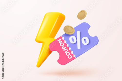 3D thunder bolt icons with coupon for sales and shopping online, discount coupon of cash. flash lightning on time alert notice special offer promotion. 3d price tags icon vector render illustration