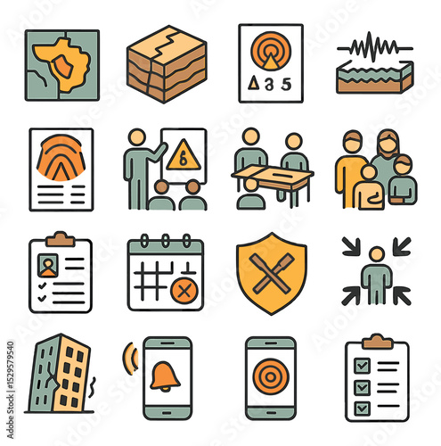 Earthquake awareness and prep isometric set. seismic zone map, fault line diagram, earthquake info flyer, shake intensity scale, awareness campaign poster.