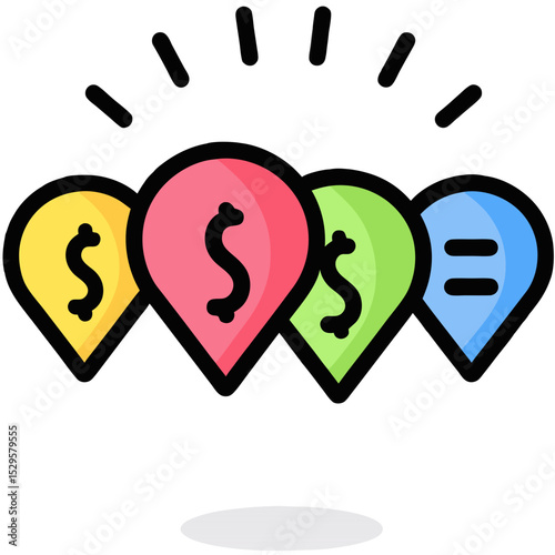 Colorful Financial Location Markers with Dollar Signs and Equal Sign Shining Brightly