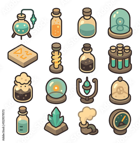 Experimental alchemy setup isometric set. glowing potion mixer, unstable compound vial, pressure flask with cap, reinforced glass dome, glowing runes tile.