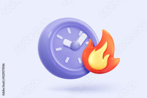 3D alarm clock icon signs with fire flame burning red hot colours. sparkle fire buttons simplicity for urgency notice reminder. 3d hour announce with exploding icon for time vector render illustration