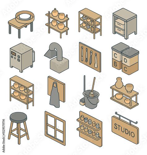 Pottery studio environment isometric set. spinning wheel setup, drying rack with pots, glaze shelf, wedging table, kiln control panel, ventilation system.
