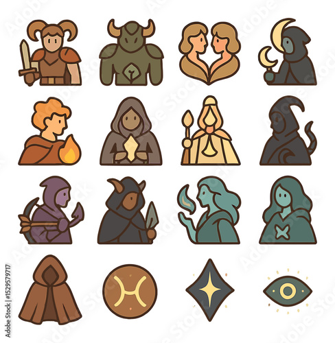 Zodiac characters as fantasy beings isometric set. Aries warrior with horns, Taurus earth guardian, Gemini twin spirits, Cancer moon mage, Leo fire prince.