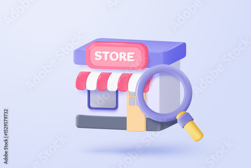 3d store icon signs for shopping with search bar or magnifying glass for research info statistic. merchandise product with coupon promotion for discount offer. 3d selling vector icon illustration