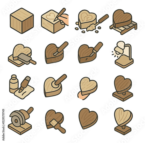 Wood carving process steps isometric set. raw wood block, sketching outline, rough shape carving, detail carving stage, fine sanding step, woodburning for