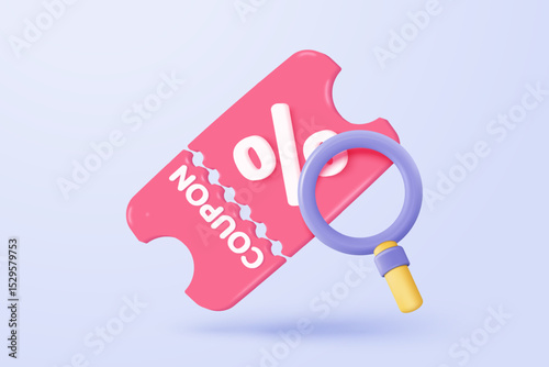 3d tag price icon for discount coupon with search bar or magnifying glass for research. sales coupon offer notice for shopping, offer promotion. 3d discount announce icon vector render illustration
