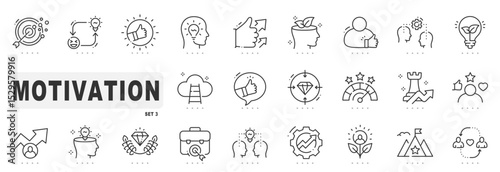 Set of motivation related line icons. Career, inspiration, success etc. Editable stroke. Set 3