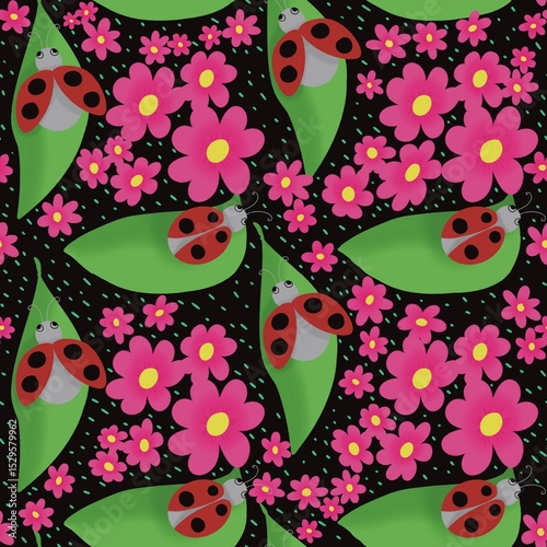 Seamless pattern of lady bug and rose flower