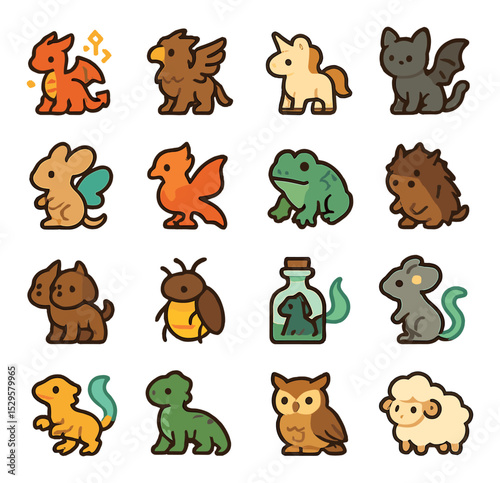 Miniature magical beasts isometric set. tiny dragon with runes, pocket-sized griffin, mini unicorn, bat-winged kitten, fae mouse, shrunken phoenix.