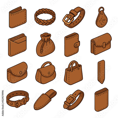 Crafted leather goods isometric set. stitched wallet, braided bracelet, custom belt, embossed keychain, cardholder sleeve, leather pouch, journal cover.