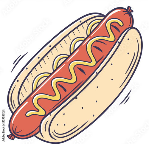 Delicious and appetizing illustration of a classic american hot dog with mustard in a soft bun ready to eat for a snack