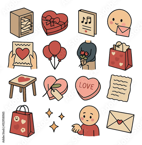 Valentine anticipation scenes isometric set. envelope pile in locker, chocolate heart box, school dance invite, blushing face with card, handmade valentine