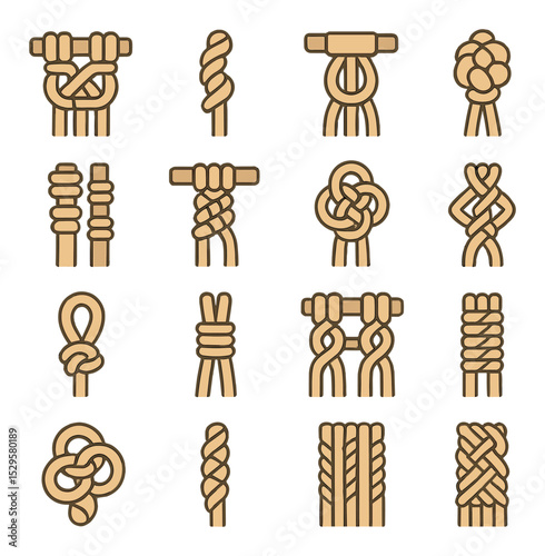 Macramé knot types isometric set. square knot, spiral knot, lark’s head knot, double half hitch, vertical clove hitch, diagonal clove hitch, Josephine knot