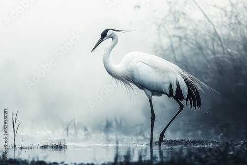 Elegant white crane stands gracefully in the foggy wetland at dawn, showcasing its striking beauty amidst a serene natural landscape