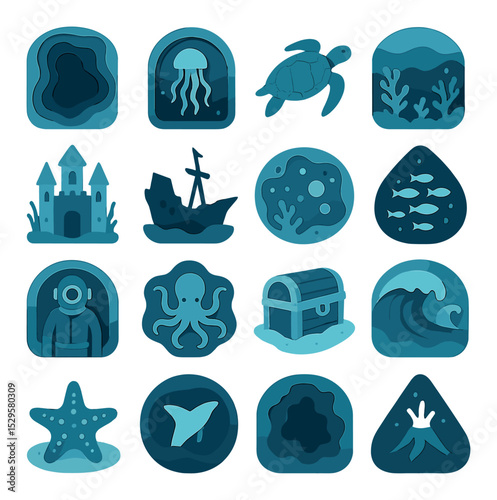 Ocean and underwater papercut scenes isometric set. layered deep sea abyss, jellyfish in ocean tunnel, sea turtle swimming, coral reef panorama, underwater