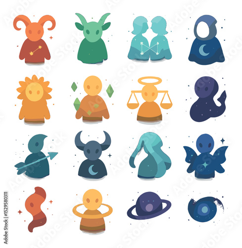 Zodiac characters as celestial spirits isometric set. Aries red starlight, Taurus glowing green aura, Gemini mirrored constellation, Cancer moonbeam cloak.