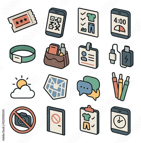 Concert ticket prep isometric set. printed ticket stub, mobile QR pass, outfit checklist, concert countdown app, wristband pass, purse with essentials, ID