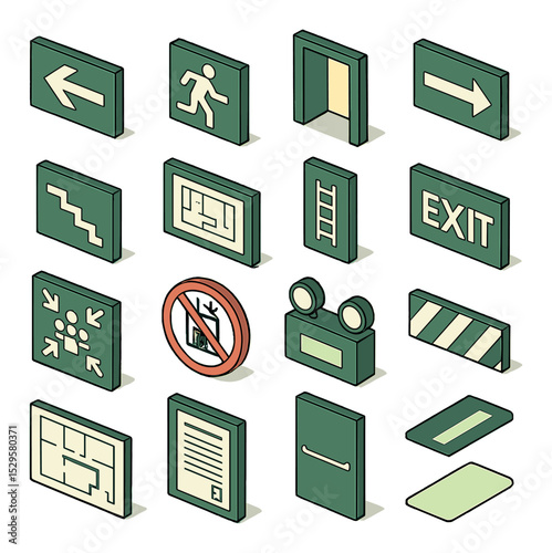 Evacuation route signs and symbols isometric set. emergency exit arrow, running person icon, illuminated exit door, directional floor marker, stairway down
