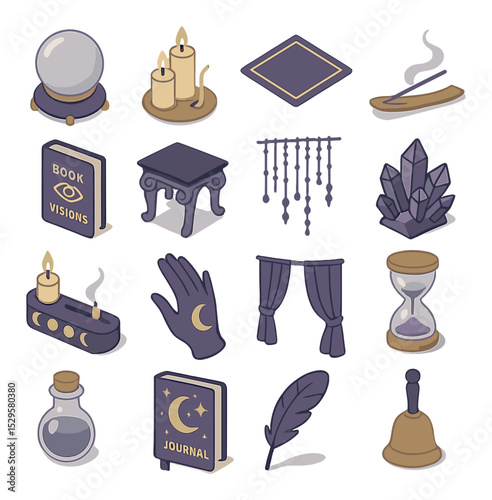 Mystical reading setup isometric set. crystal ball on velvet stand, candle trio, tarot cloth base, incense smoke trail, book of visions, ornate table legs.