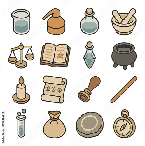 Classic alchemist tools isometric set. glass beaker, copper alembic, sealed flask, mortar and pestle, balance scale, open grimoire, crystal vial, iron