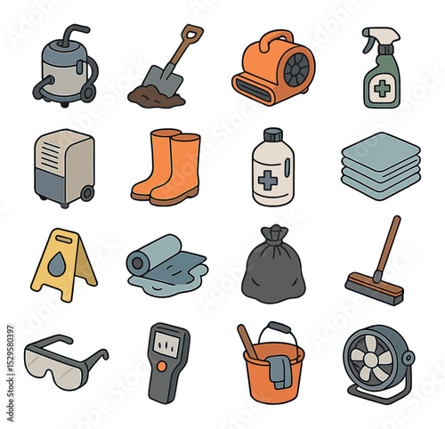 Post-flood cleanup tools isometric set. wet vacuum unit, shovel with mud, drying fan machine, mold removal spray, dehumidifier box, rubber boots pair.
