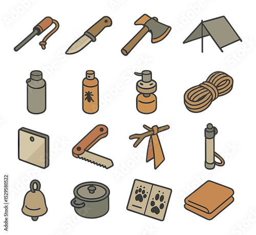 Wilderness survival gear isometric set. fire starter rod, bushcraft knife, hatchet with cover, tarp shelter, steel water bottle, insect repellent spray.