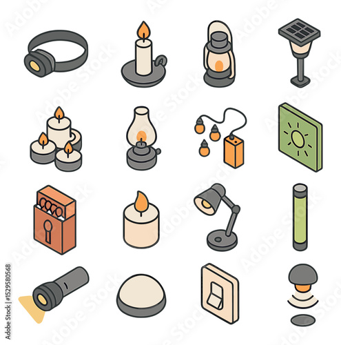 Backup lighting options isometric set. headlamp, candle with holder, lantern with handle, solar-powered lamp, tea light cluster, oil lamp icon.