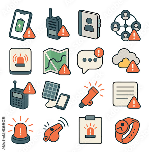Communication and alerts in outage isometric set. charged phone, two-way radio, paper contact list, neighborhood phone tree, emergency app icon, printed