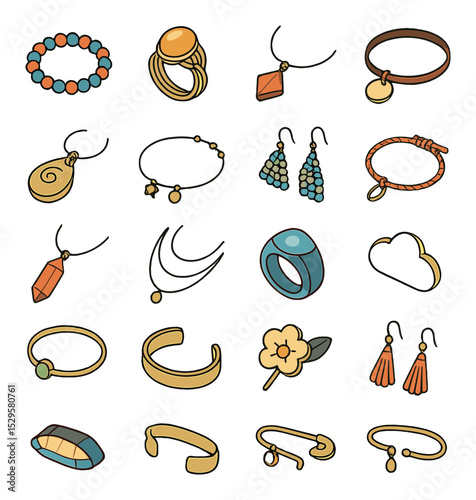 Types of handmade jewelry isometric set. beaded bracelet, wire-wrapped ring, gemstone necklace, leather cord choker, clay pendant, charm anklet, seed bead